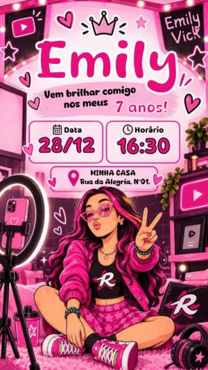 Convite de Aniversário Emily Vick: Modelo Editável de Influencer