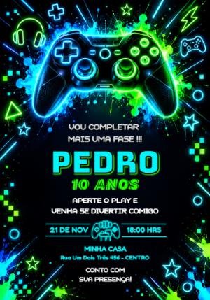 Convite Aniversário Gamer Neon: Modelo Editável