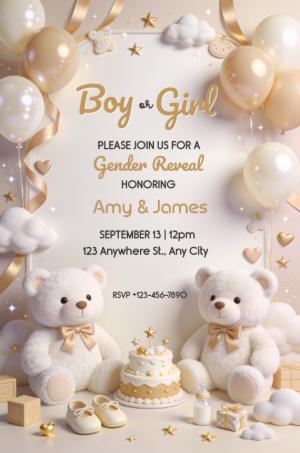 Cute Teddy Bear Gender Reveal Invitation Editable Template