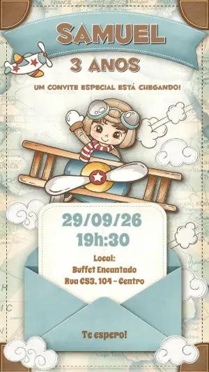 Convite de Aniversário Aviador Editável para Menino