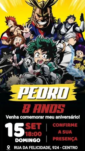 Convite de Aniversário Boku no Hero Editável para Festa de Menino