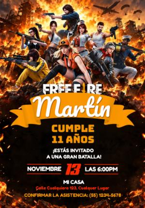 Invitación de Cumpleaños Free Fire Batalla Épica para Editar