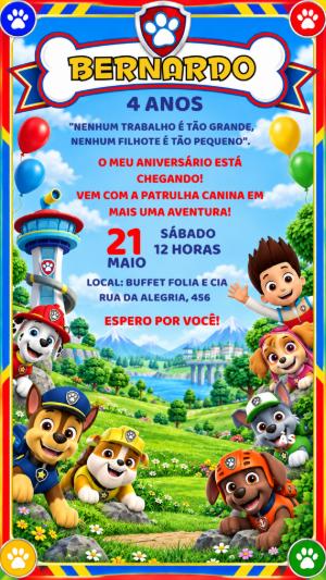 Convite de Aniversário Patrulha Canina Editável para Festa Infantil