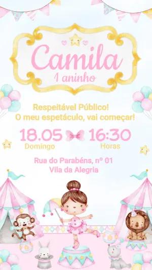 Convite de Aniversário Circo Rosa Menina Editável