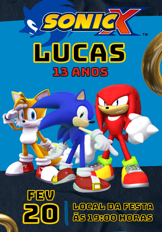 Convite de Aniversário Sonic com Personagens para Editar