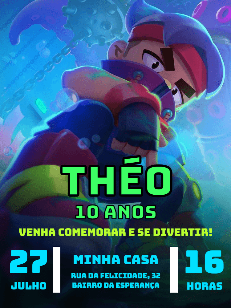 Convite de Aniversário Brawl Stars com Heróis para Editar Online