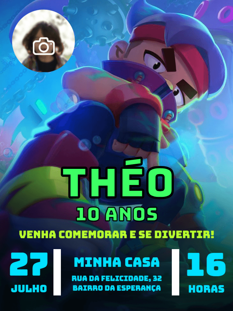 Convite Aniversário Brawl Stars com Foto para Editar Online