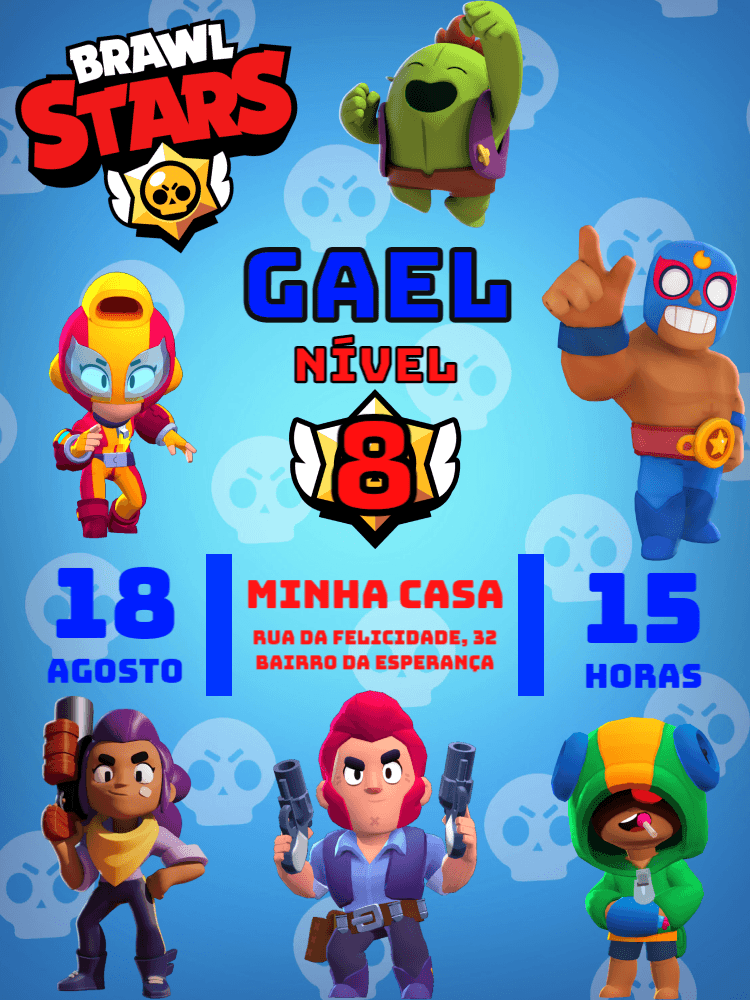 Convite de Aniversário Brawl Stars com Personagens para Editar