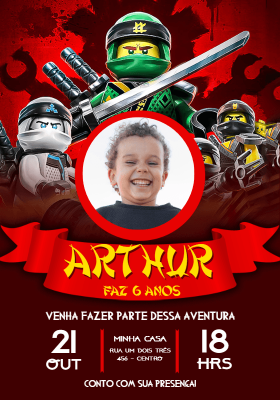 Convite de Aniversário Ninjago com Foto para Editar Online