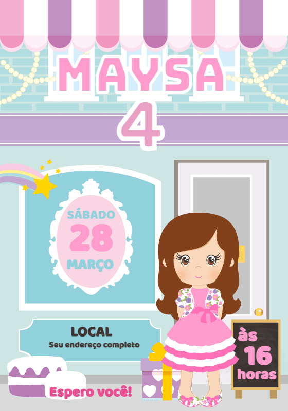 Convite Aniversário Confeitaria Menina para Editar Online