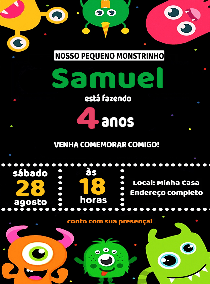 Convite de Aniversário Monstrinhos Divertidos para Editar