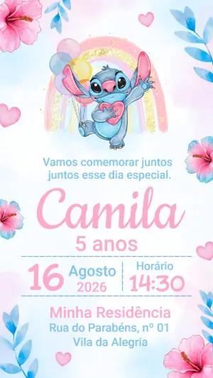 Convite de Aniversário Stitch Menina para Editar Online