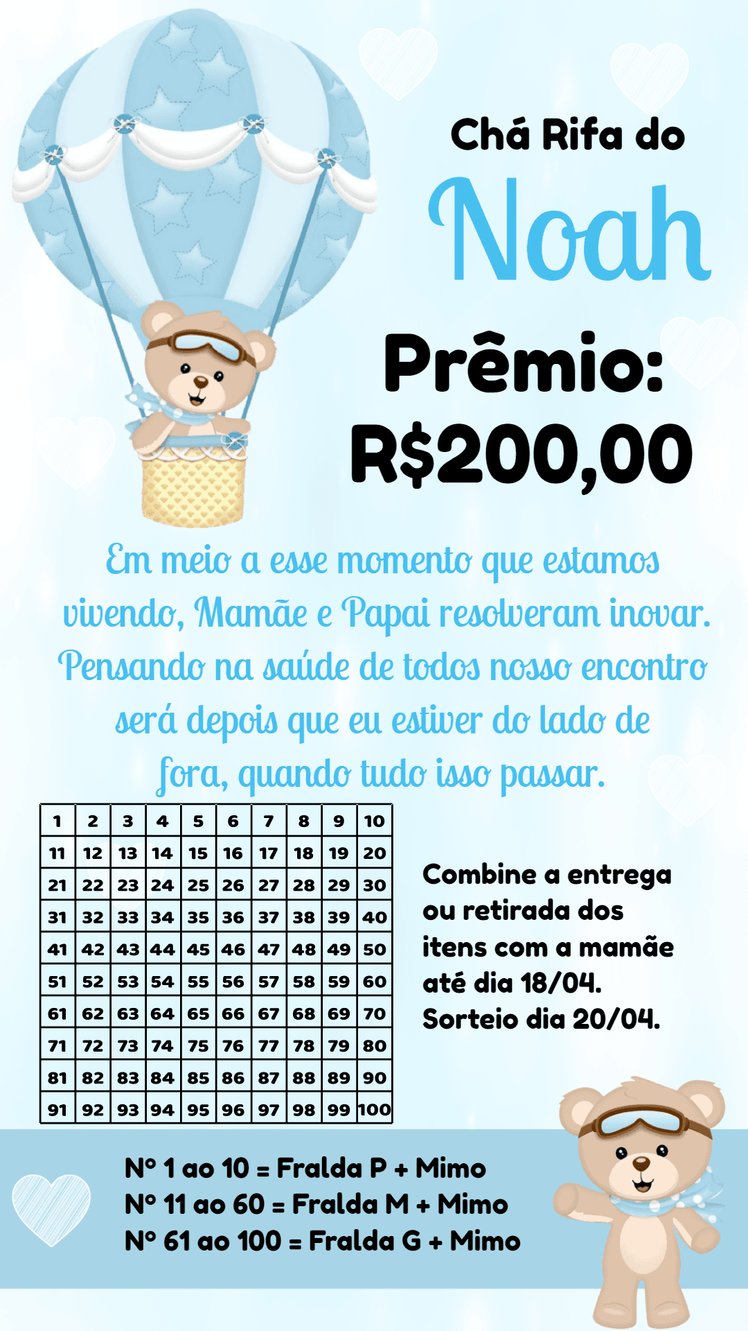 Convite Chá Rifa Ursinho Baloeiro para Editar Online