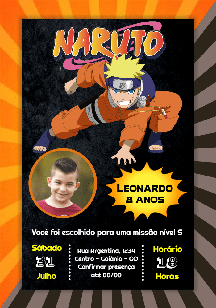 Convite de Aniversário Naruto com Foto Editável Online