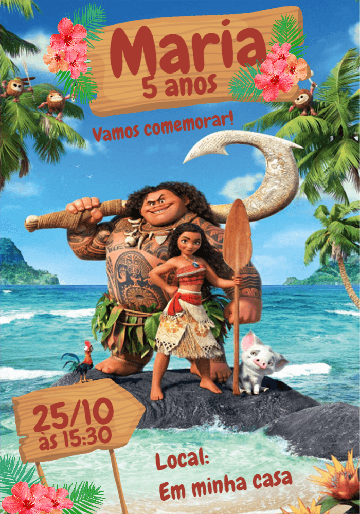 Convite de Aniversário Moana com Maui para Editar Online