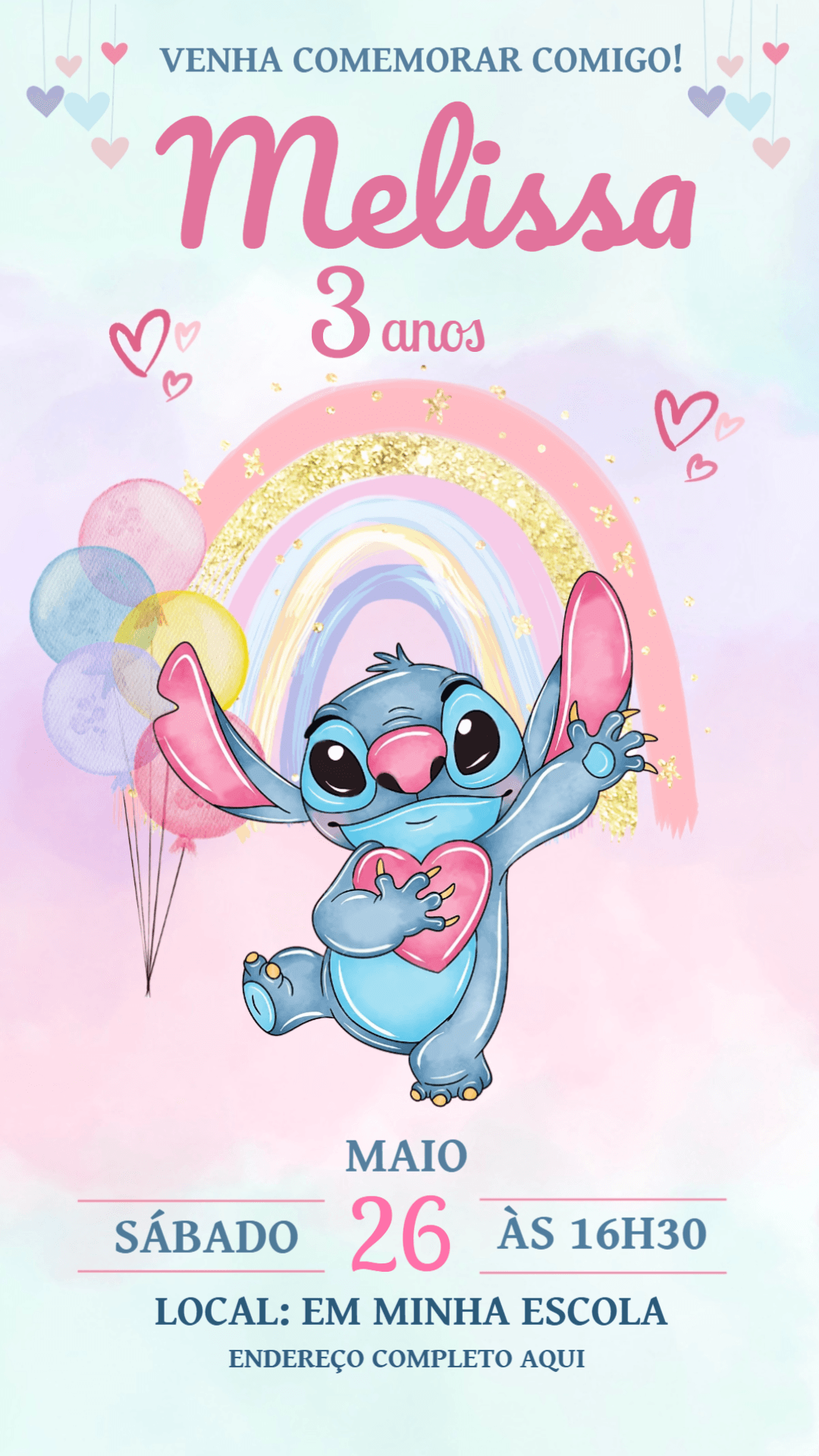 Convite de Aniversário Stitch Aquarela para Editar Online