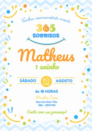 Convite de aniversário 1º Aninho 365 Sorrisos Primeira volta ao Sol