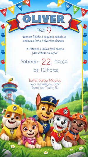 Convite de Aniversário Patrulha Canina Editável Online