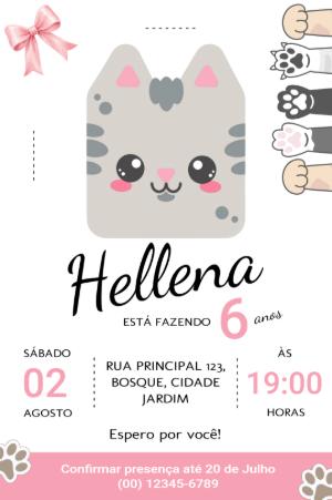 Convite de Aniversário Gatinho Kawaii Menina Editável