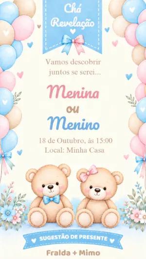Convite Chá Revelação Ursinhos Aquarela Modelo Editável