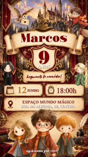 Convite de Aniversário Harry Potter Editável para Festa Mágica