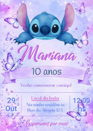 Convite de Aniversário Stitch Lilás e Borboletas para Editar