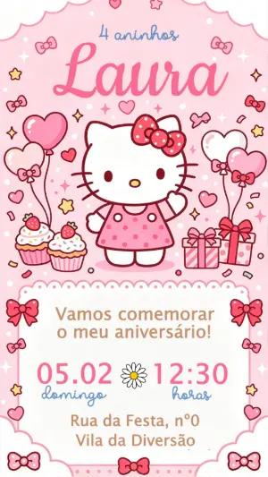 Convite de Aniversário Hello Kitty Rosa para Editar