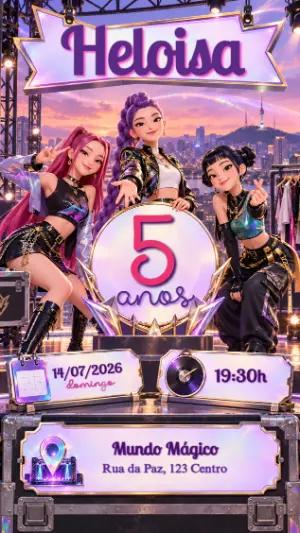 Convite de Aniversário Guerreiras do K-pop no Palco Editável
