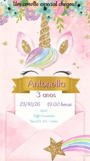 Convite de Aniversário Unicórnio Luxo Digital para Editar