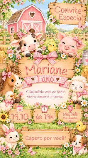 Convite de Aniversário Fazendinha Rosa Menina Editável
