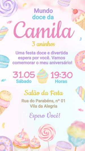 Convite de Aniversário Mundo Doce Aquarela Editável