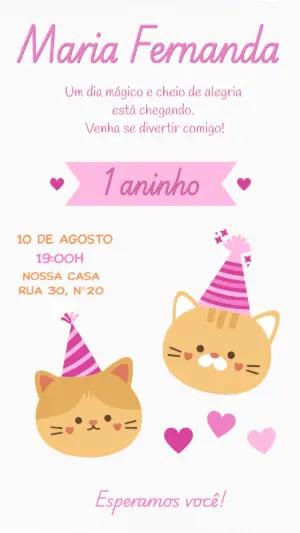 Convite Digital Festa Gatinha 1º Aniversário Editável
