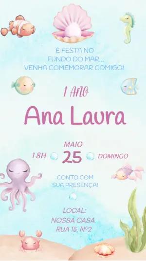 Convite de Aniversário Fundo do Mar Menina Editável