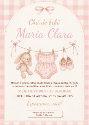 Convite Chá de Bebê Menina Varal Delicado para Editar Online