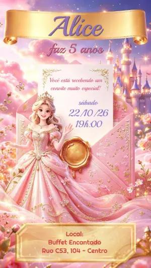Convite Princesa Rosa e Dourado para Aniversário Editável