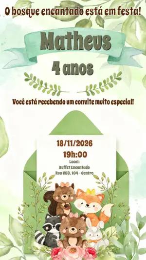 Convite de Aniversário Bosque Encantado Animais Fofos Editável