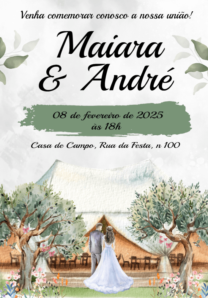 Convite de Casamento Rústico Aquarela para Editar Online