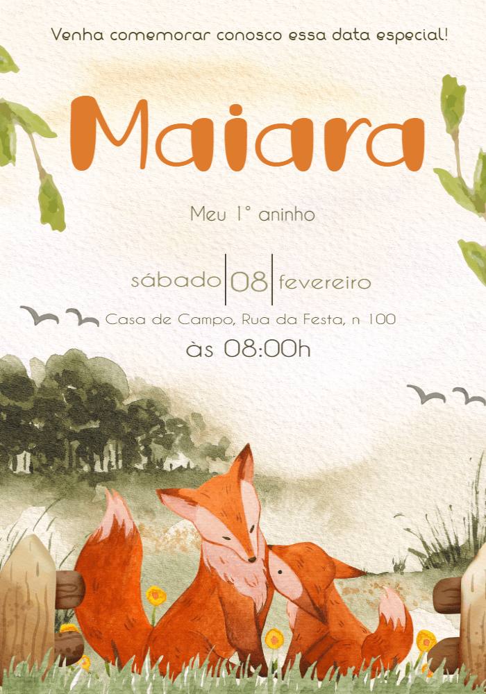 Convite de Aniversário Raposa Aquarela Editável Online