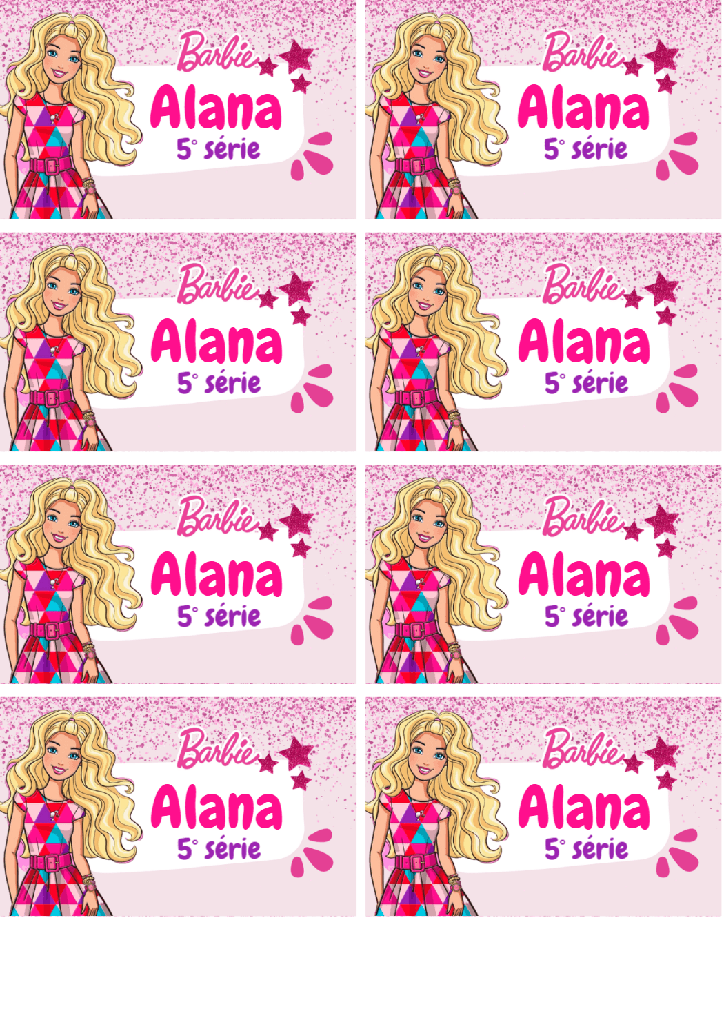 Etiquetas Escolares Barbie Rosa Editáveis para Imprimir