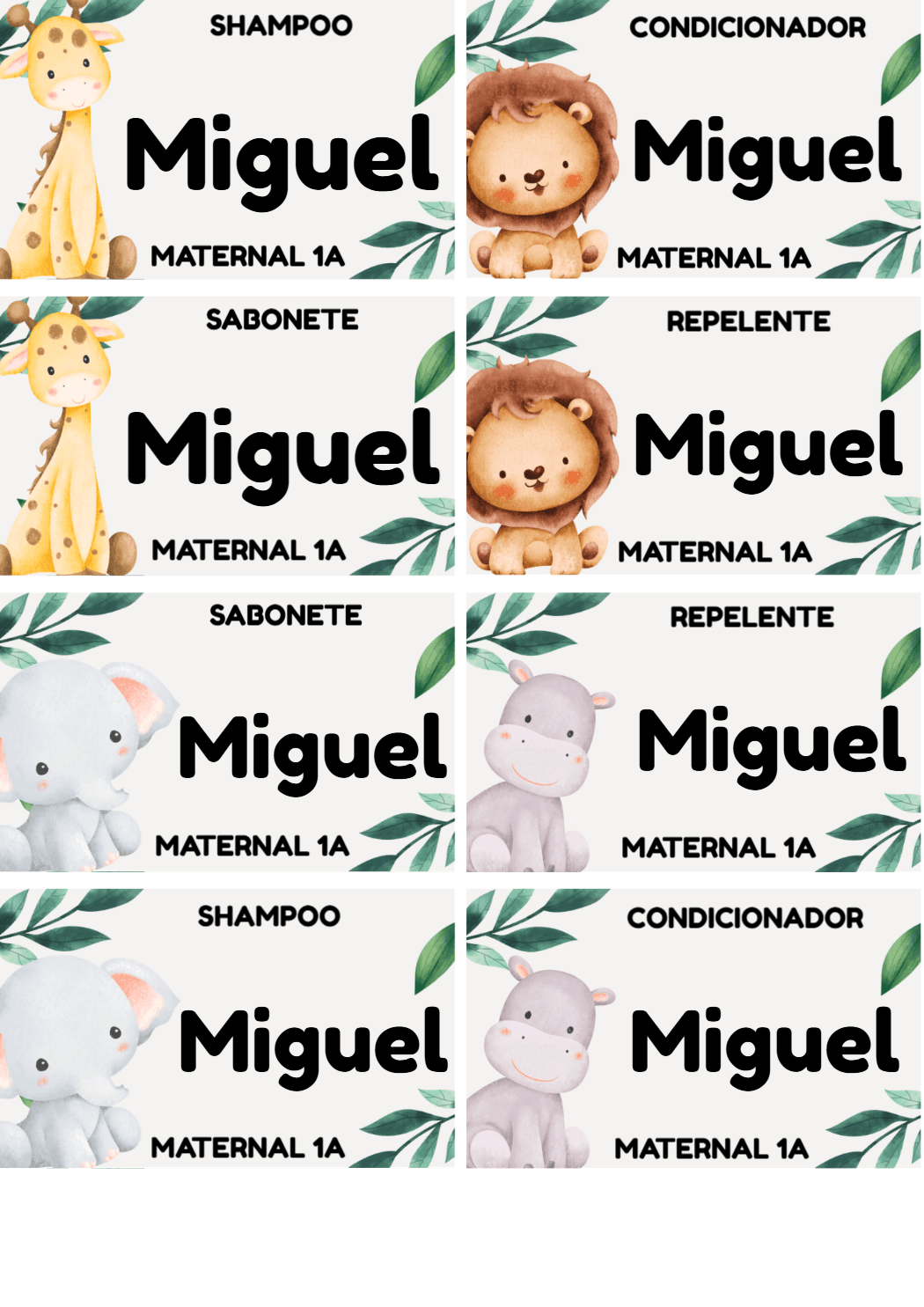Etiquetas Escolares Editáveis Tema Safari Animais Fofos