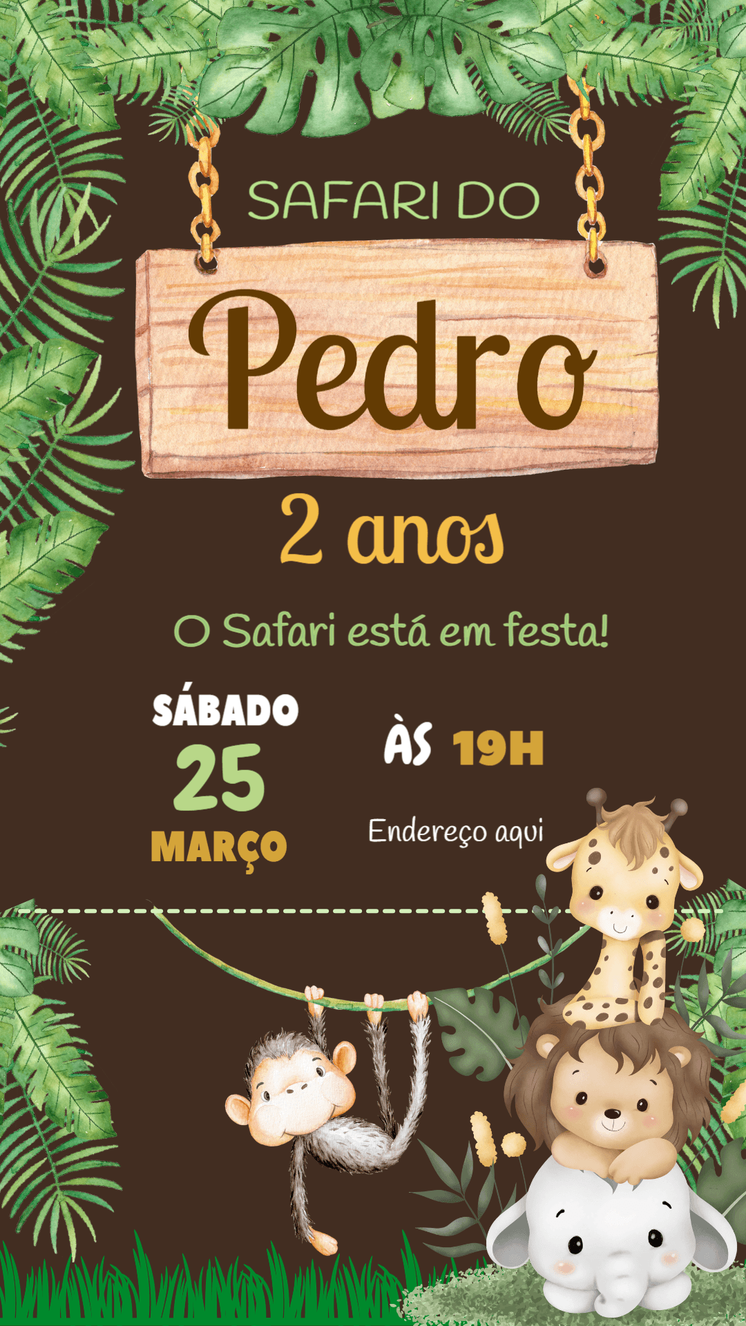 Convite de Aniversário Safari com Animais Fofos para Editar