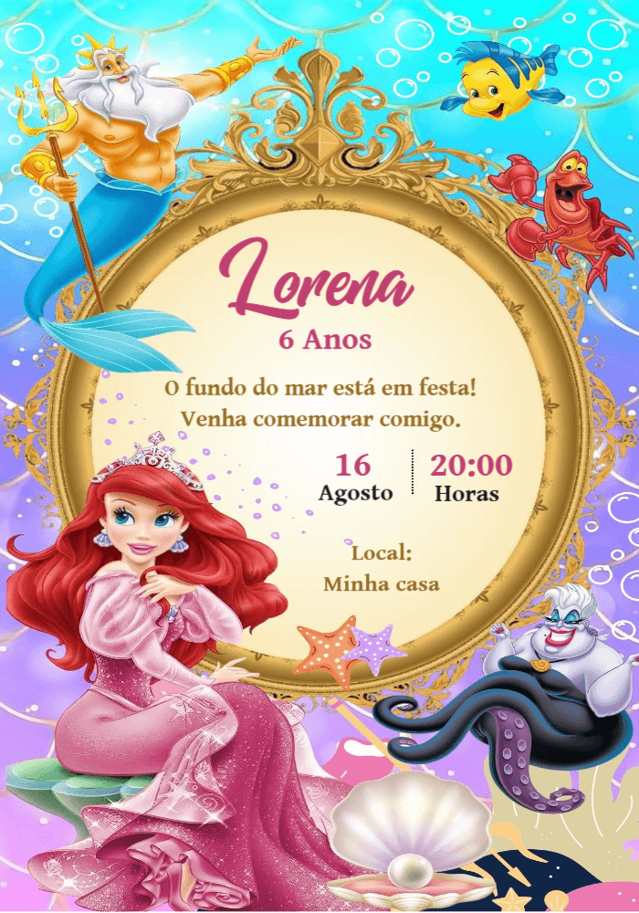 Convite de Aniversário A Pequena Sereia Ariel Editável Online