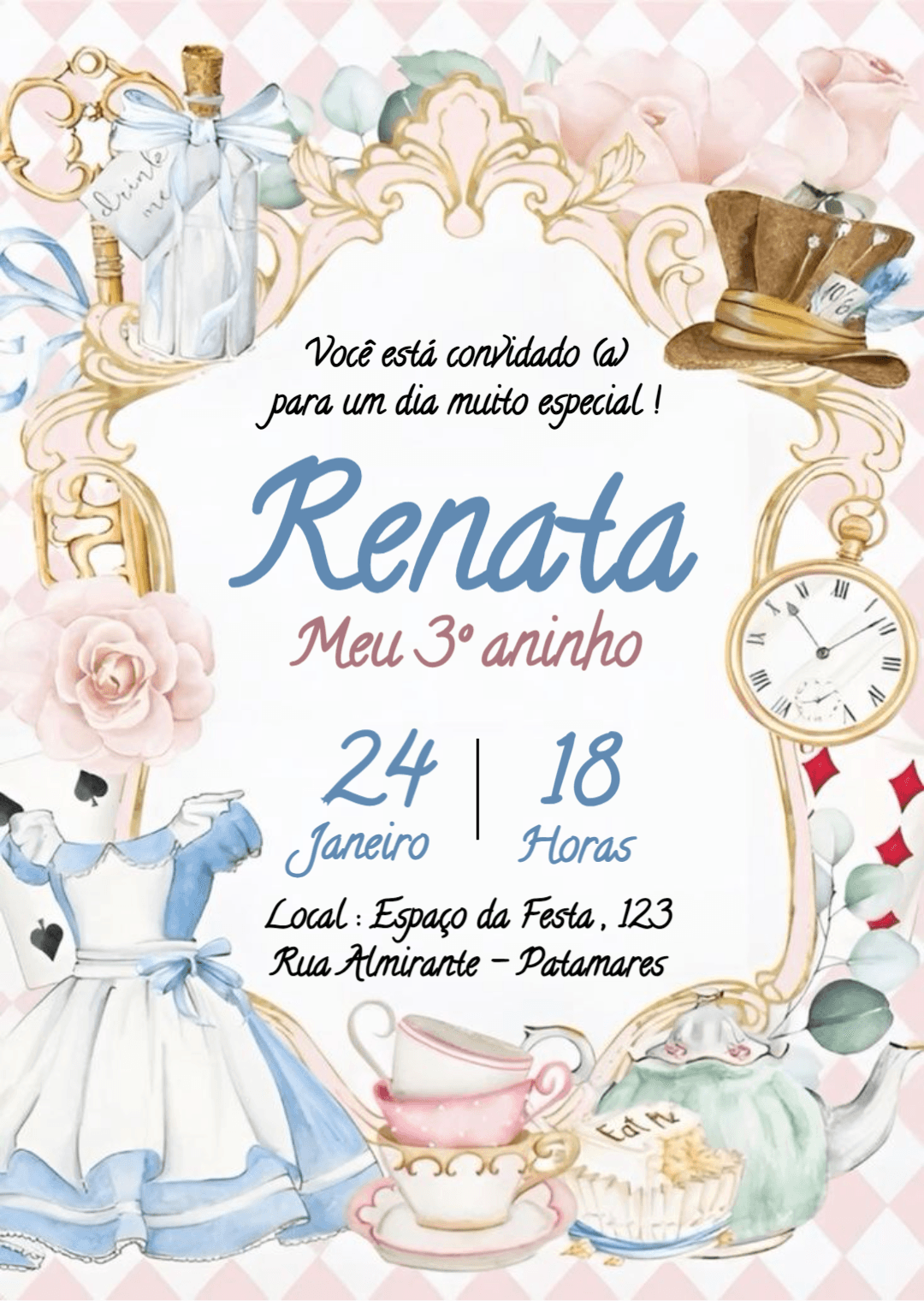 Convite Alice no País das Maravilhas em Aquarela para Editar