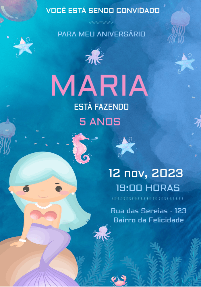 Convite de Aniversário Sereia Fundo do Mar Editável