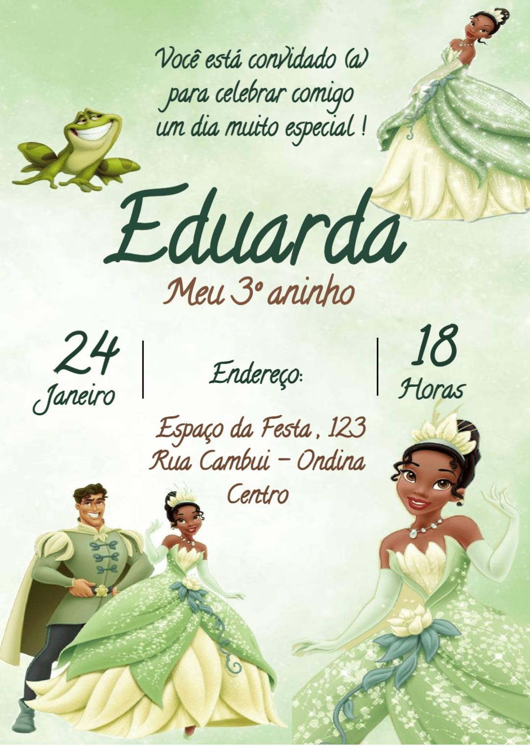 Convite de Aniversário Princesa Tiana Editável Online