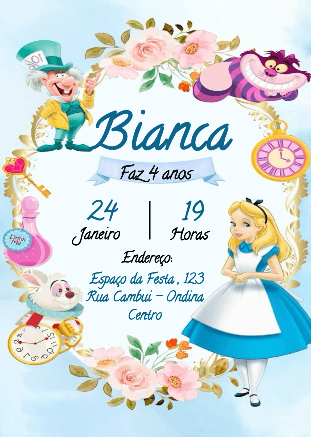 Convite Digital Alice no País das Maravilhas Floral Editável