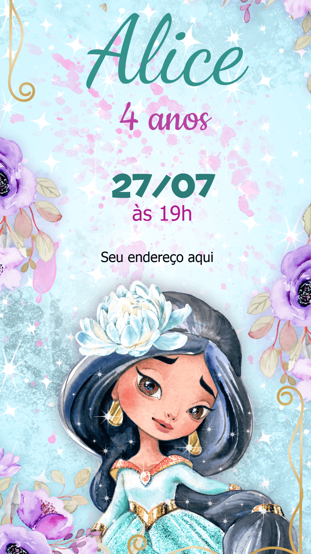 Convite de Aniversário Princesa Jasmine Aquarela para Editar