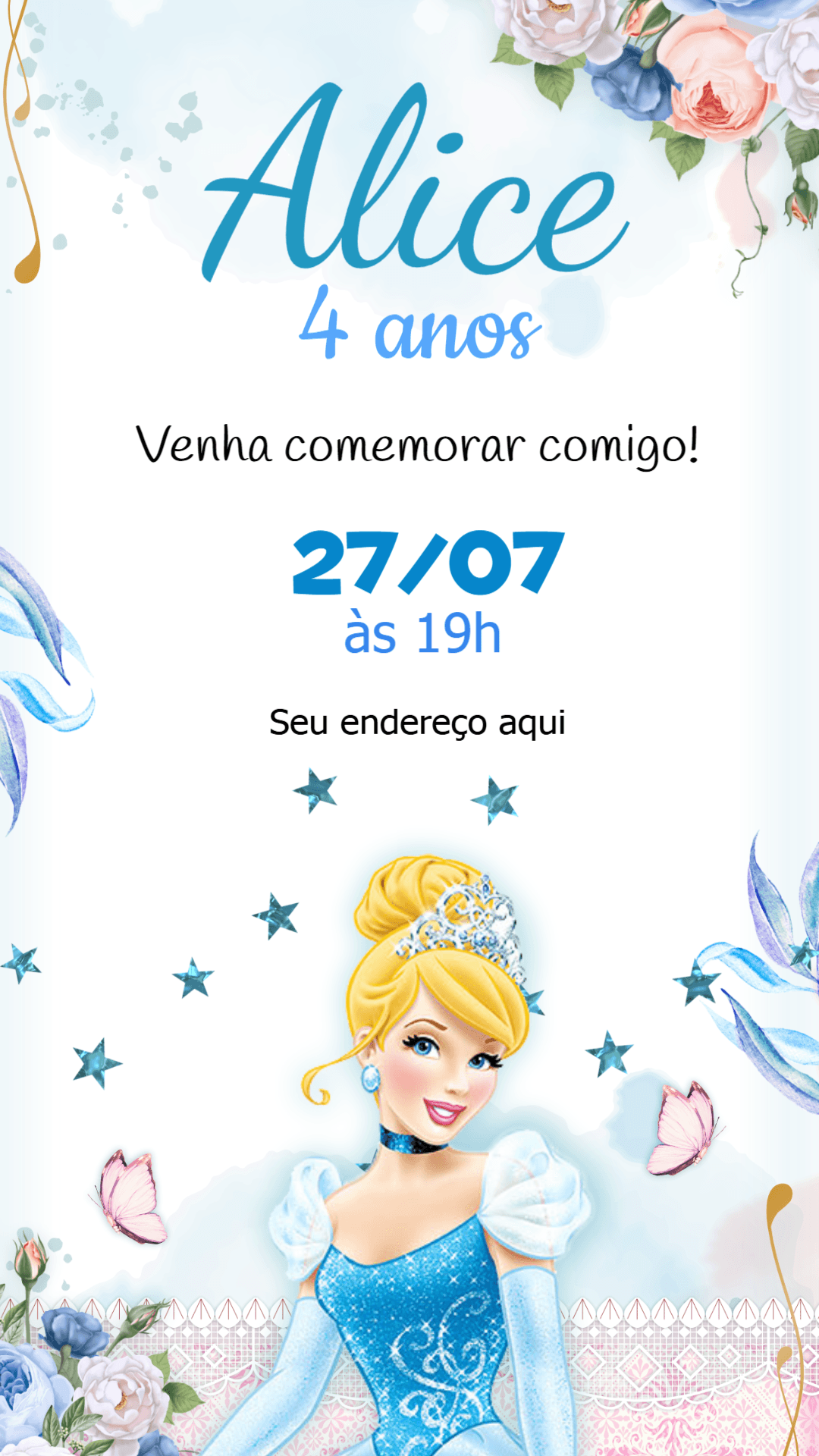 Convite de Aniversário Cinderela Azul para Editar Online