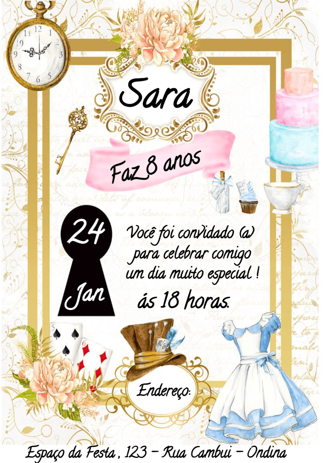 Convite Aniversário Alice no País das Maravilhas Editável