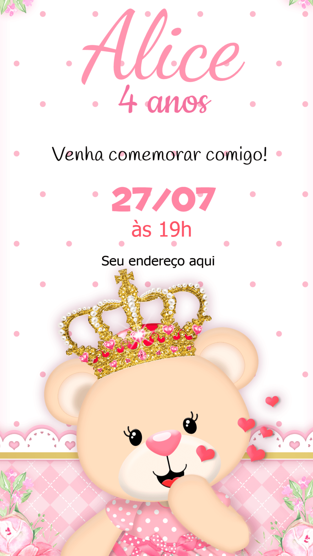 Convite de Aniversário Ursinha Princesa Rosa para Editar
